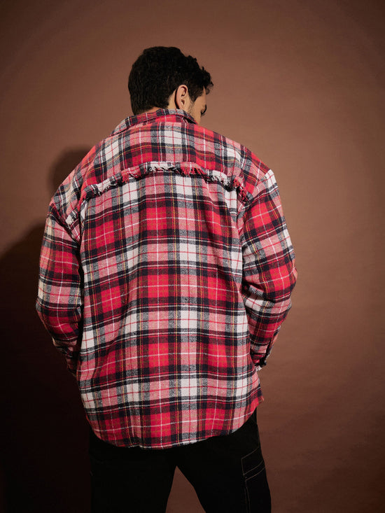 Men Red & Navy Check Box Pocket Oversized Shirt