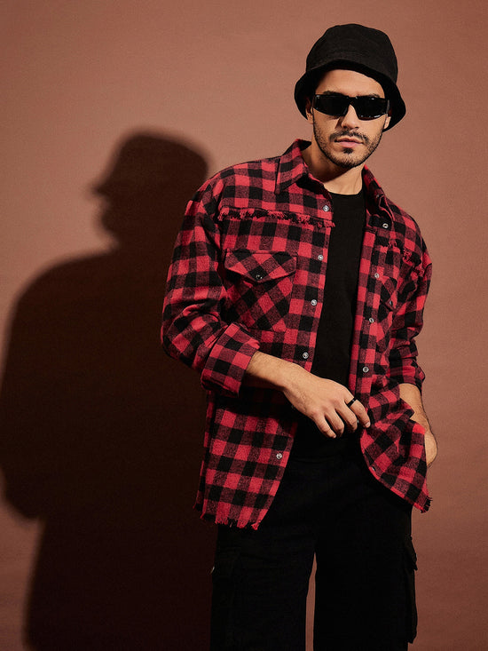 Men Red & Black Check Raw Edge Oversized Shirt