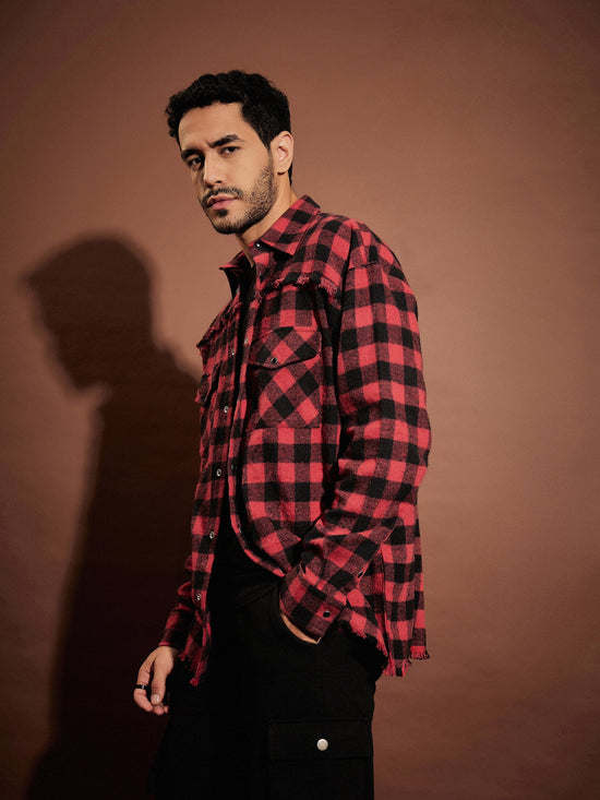 Men Red & Black Check Raw Edge Oversized Shirt