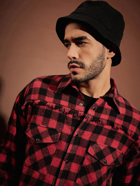 Men Red & Black Check Raw Edge Oversized Shirt