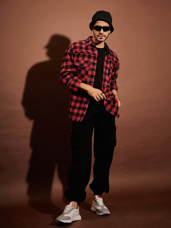 Men Red & Black Check Raw Edge Oversized Shirt