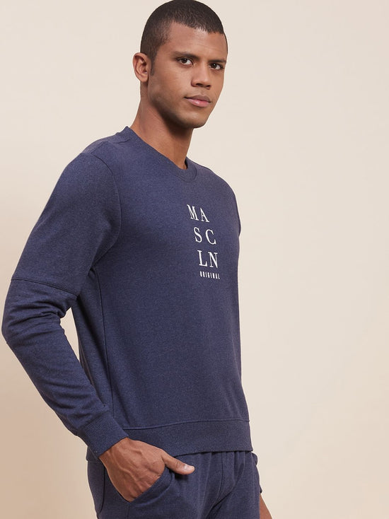 Men's Blue Melange Vertical MASCLN Print Sweatshirt