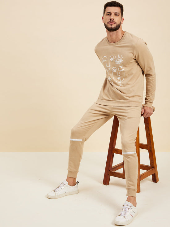 Men Beige Line Printed Sweatshirt