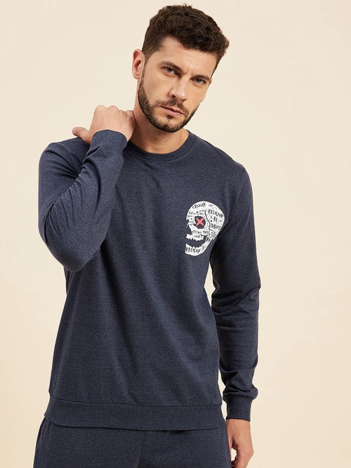 Men Blue Melange Skull Print Sweatshirt