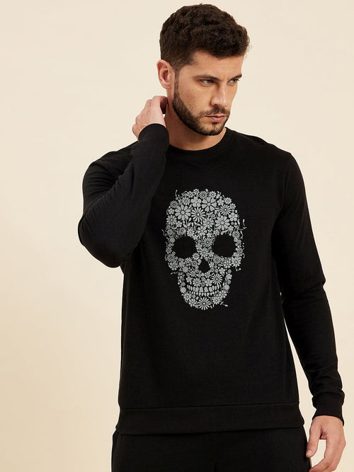 Men Black Floral Skull Print Sweatshirt