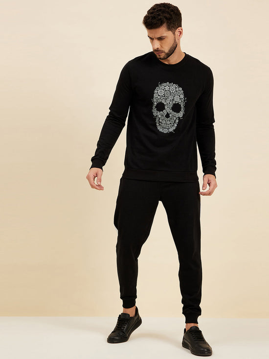 Men Black Floral Skull Print Sweatshirt