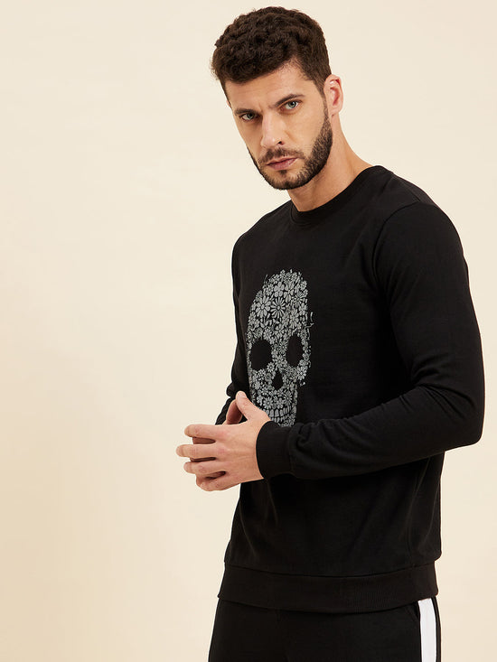 Men Black Floral Skull Print Sweatshirt