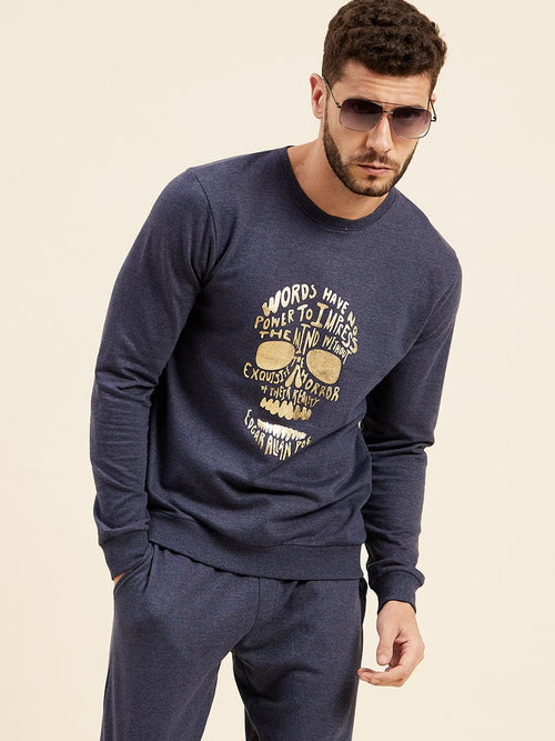 Men Blue Melange Foil Print Sweatshirt