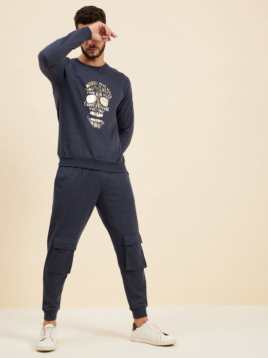 Men Blue Melange Foil Print Sweatshirt