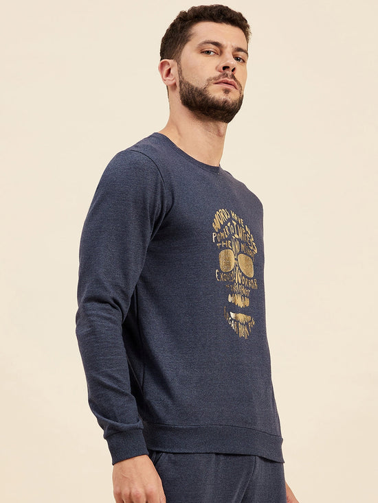 Men Blue Melange Foil Print Sweatshirt