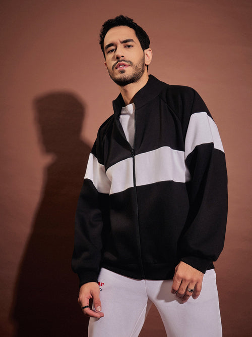 Men Black & White Colorblock Oversized Zipper Sweatshirt