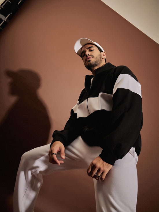 Men Black & White Colorblock Oversized Zipper Sweatshirt