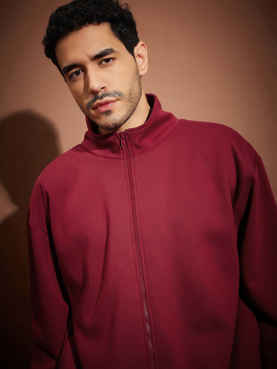 Men Maroon Front Zipper Oversized Sweatshirt