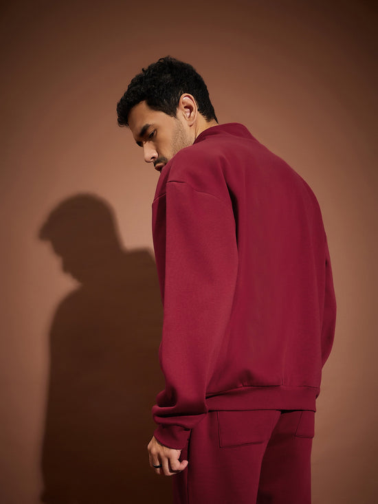 Men Maroon Front Zipper Oversized Sweatshirt