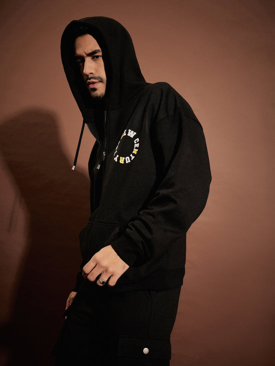 Men Black Century Oversized Zipper Hoodie