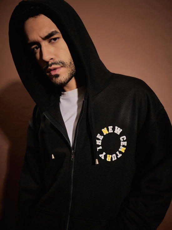 Men Black Century Oversized Zipper Hoodie