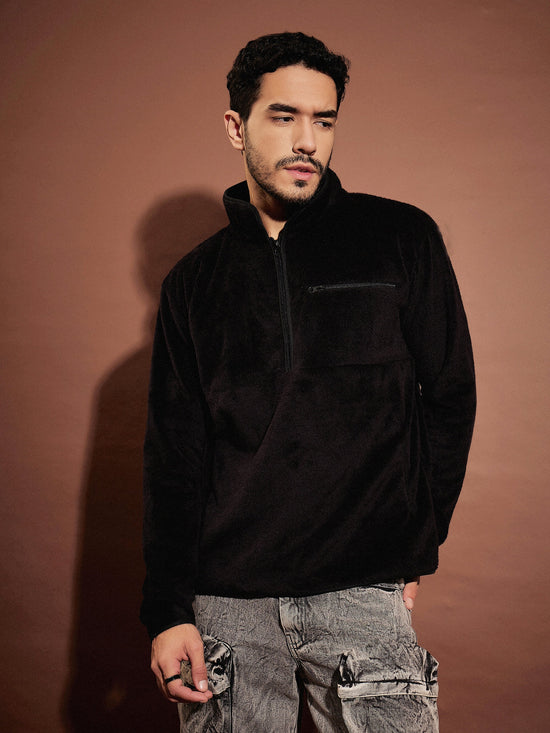 Men Black Fur Zipper Sweatshirt