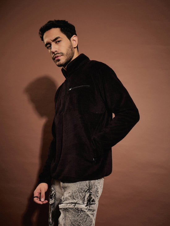 Men Black Fur Zipper Sweatshirt