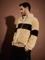 Men Brown & Black Fur Colorblock Zipper Sweatshirt