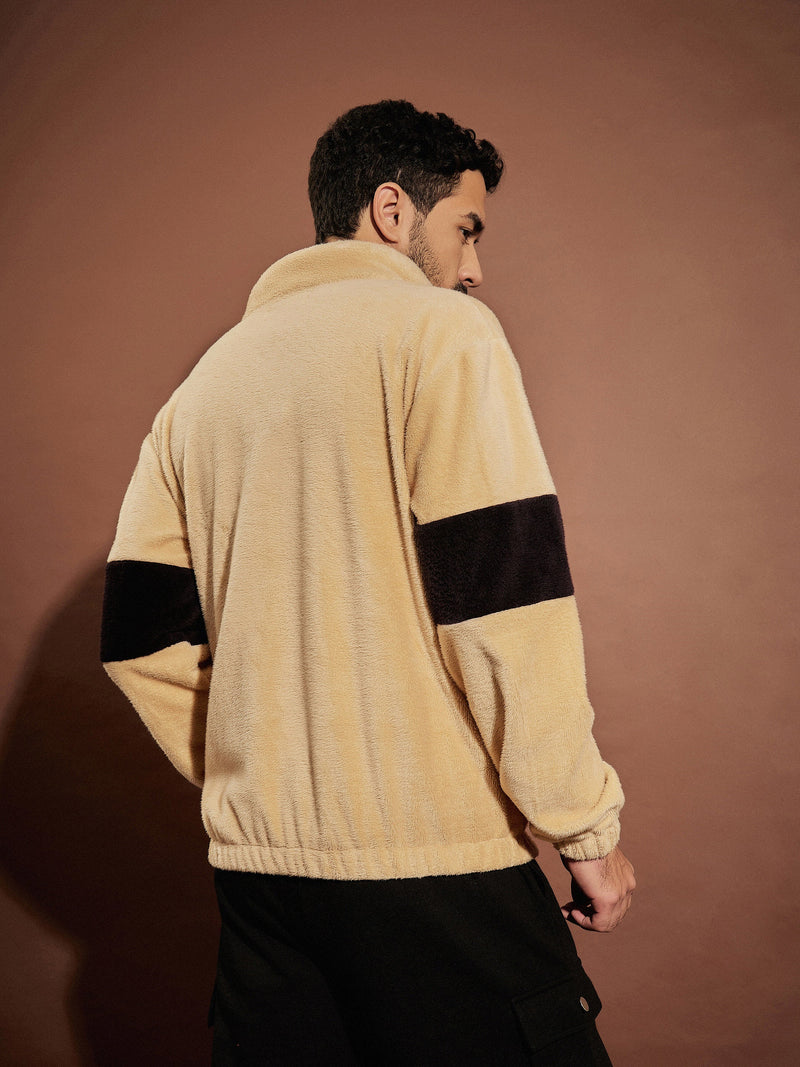 Men Brown & Black Fur Colorblock Zipper Sweatshirt