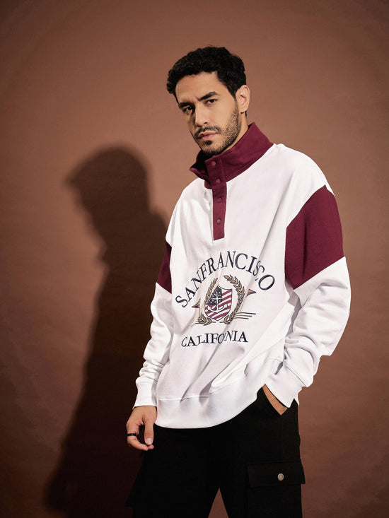 Men White & Maroon San Francisco Front Button Sweatshirt