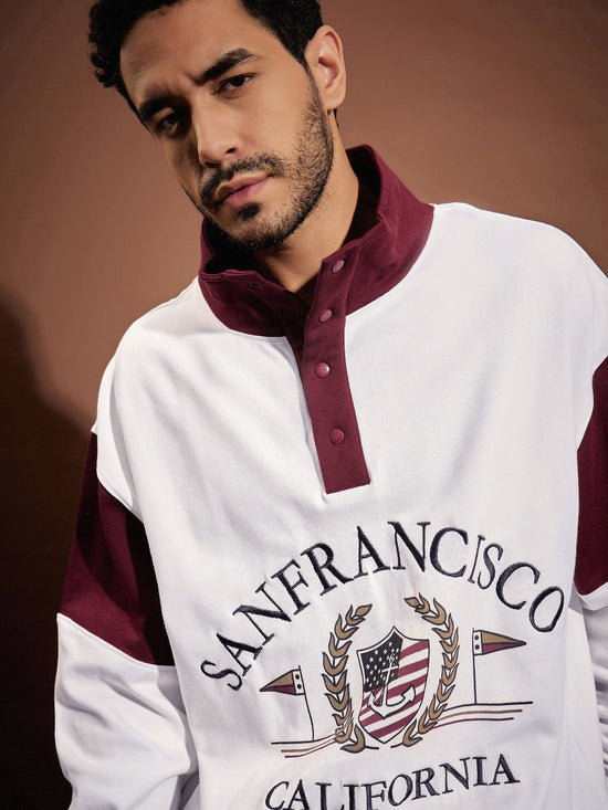 Men White & Maroon San Francisco Front Button Sweatshirt