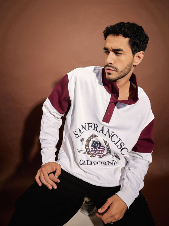 Men White & Maroon San Francisco Front Button Sweatshirt