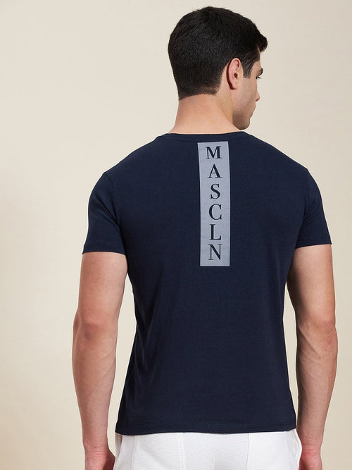 Men Navy Slim Fit Back Printed MASCLN Logo T-Shirt