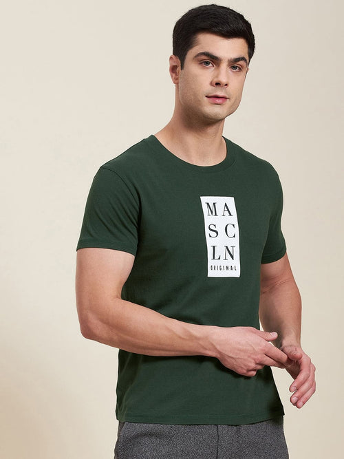 Men Olive Vertical MASCLN Slim Fit T-Shirt