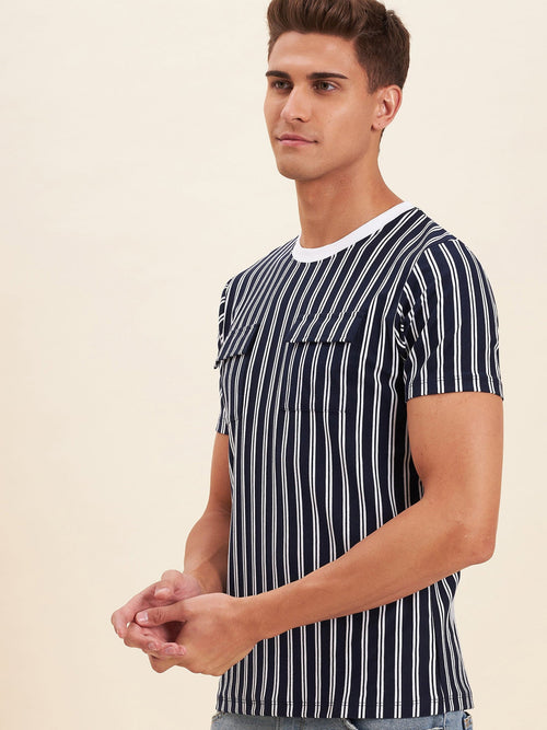 Men Navy & White Stripes Double Pocket Cotton T-Shirt