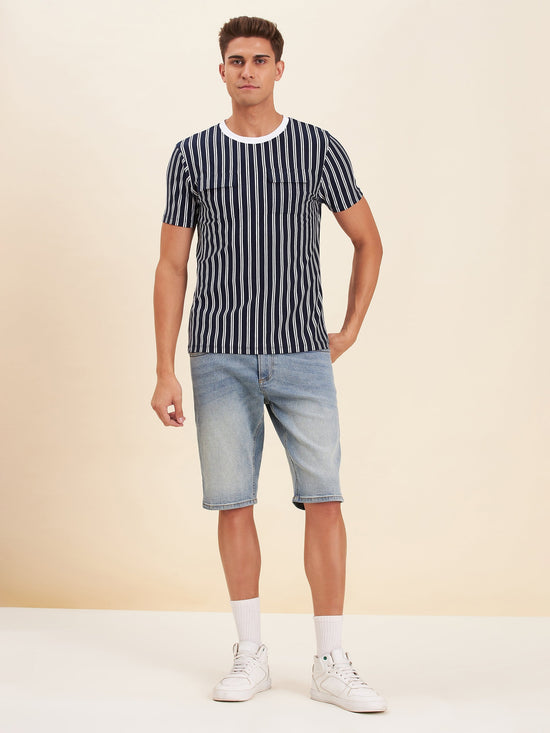 Men Navy & White Stripes Double Pocket Cotton T-Shirt