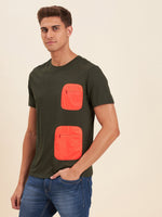 Men Olive Viscose Zipper Pocket T-Shirt