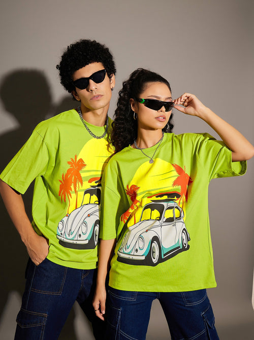 Unisex Green Beetle Car Print Oversized T-Shirt