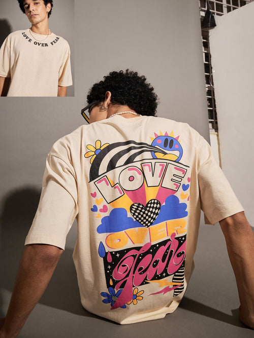 Unisex Beige Love Over Fear Oversized T-Shirt