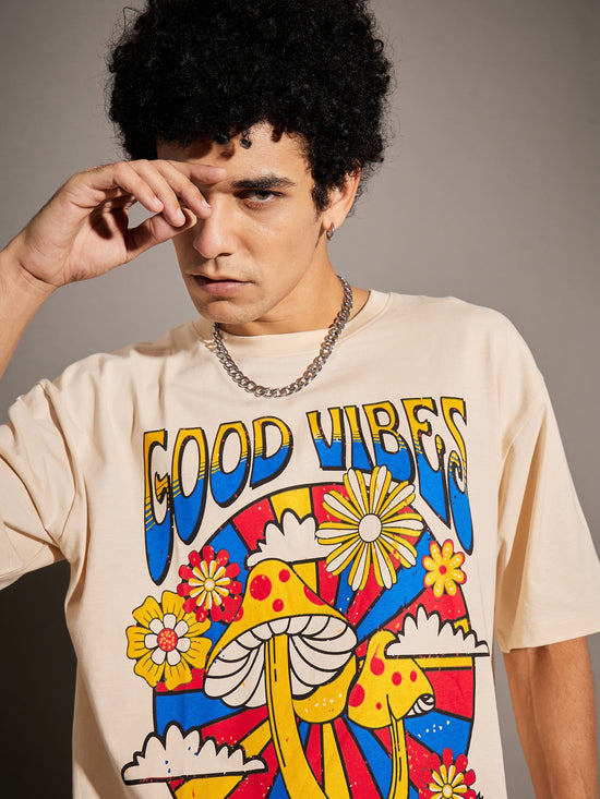 Unisex Beige Good Vibes Oversized T-Shirt