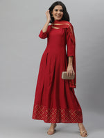 Women's Solid Rayon Flared Kurta Dupatta Set