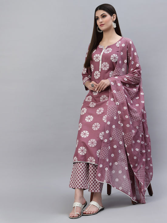 Women's Printed Cotton Straight Kurta Pant Dupatta Set