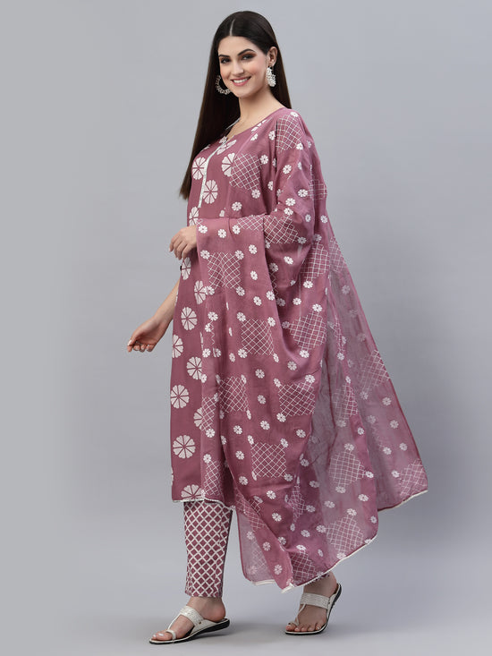 Women's Printed Cotton Straight Kurta Pant Dupatta Set