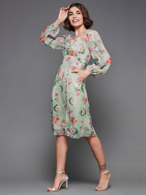 Rest Like A Bird Printed Ruching Dress Multicolored-Base-Dusty Green