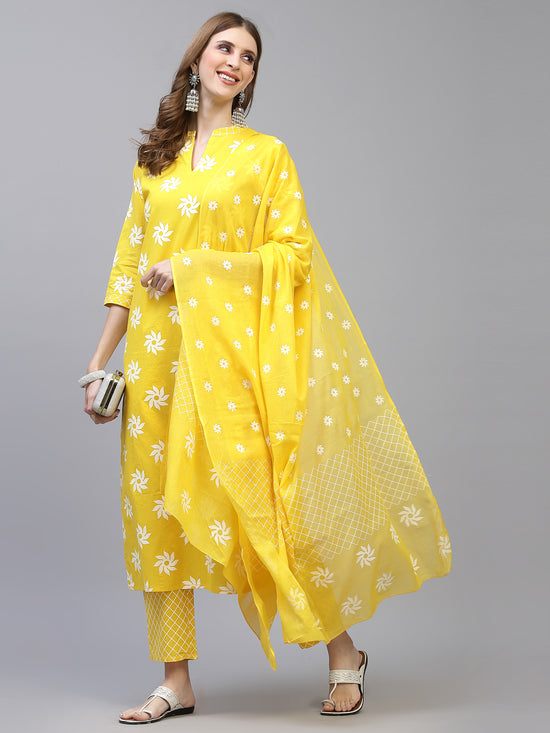 Women Printed Cotton Straight Kurta Pant Dupatta Set