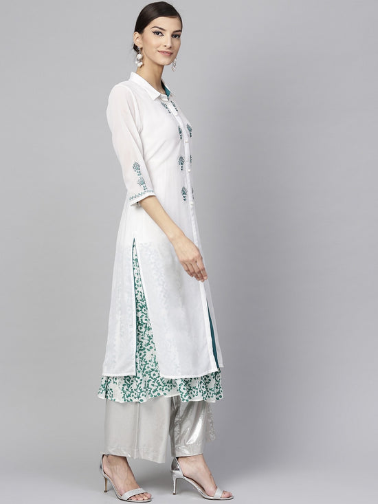 Solid Embroidered Upper With Block Printed Layered Kurta