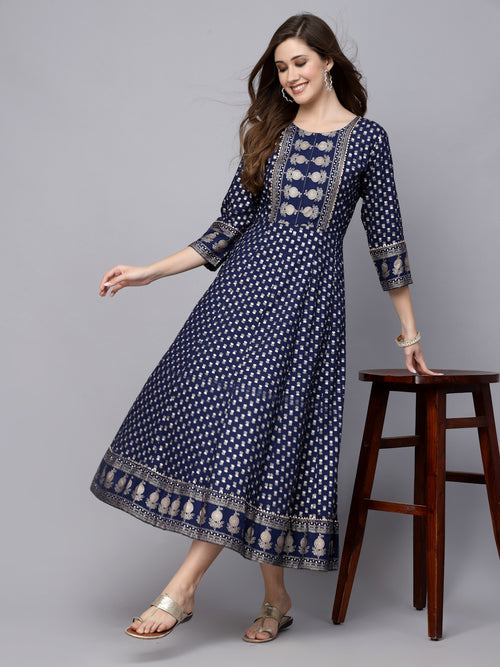 Women's Gold Printed Rayon Anarkali Kurta