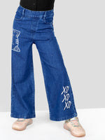 Girls Dark Blue Embroidered Cotton Jeans