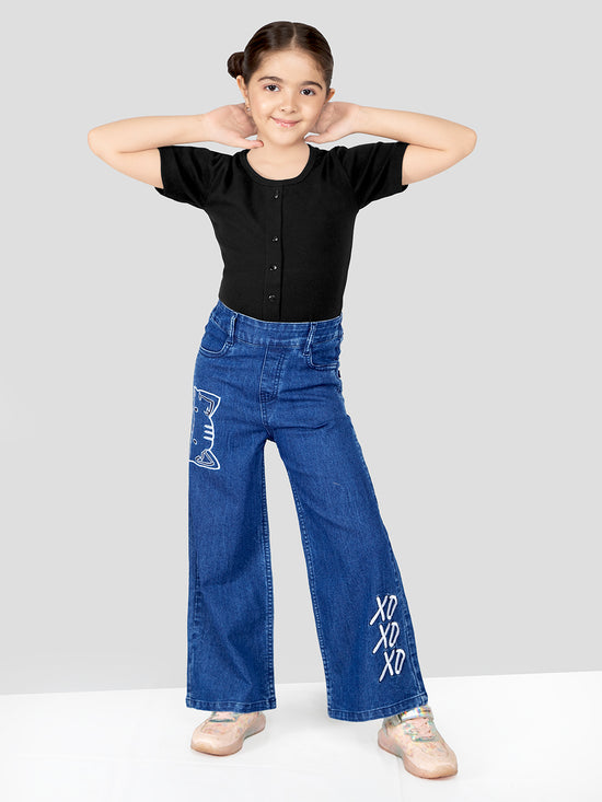 Girls Dark Blue Embroidered Cotton Jeans