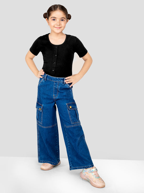 Girls Dark Blue Easy Fit 6-Pocket Denim Cargos