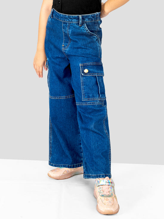 Girls Dark Blue Easy Fit 6-Pocket Denim Cargos