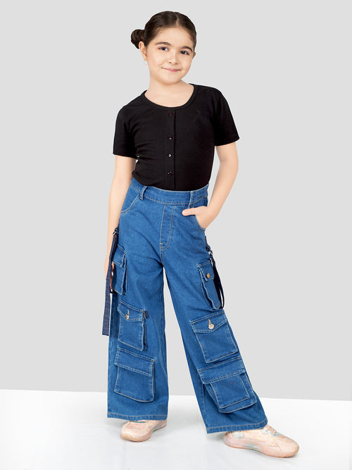 Girls Blue Comfort Fit 10-Pocket Cargo Pant