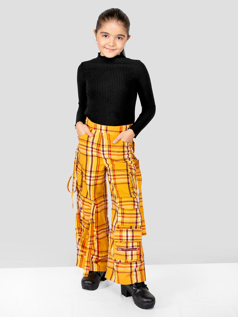 Girls Yellow Checkered Comfort Fit Cargo Pants