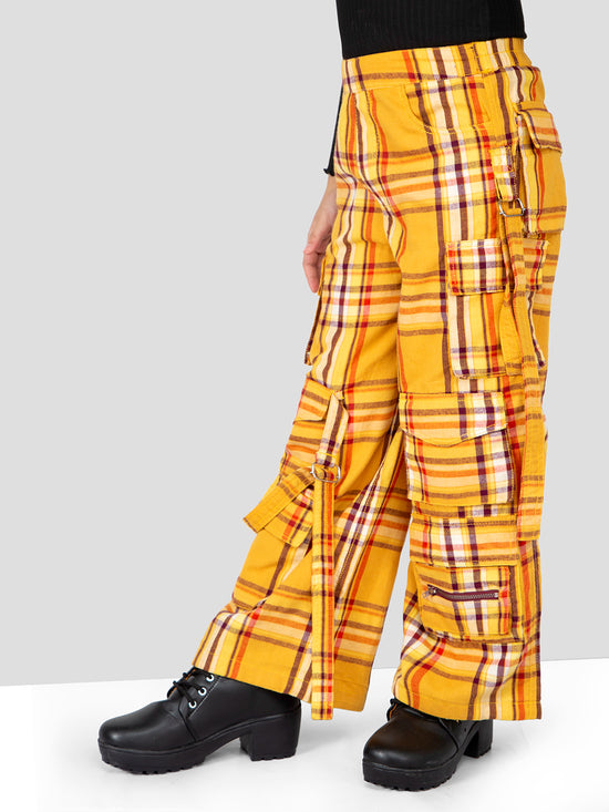 Girls Yellow Checkered Comfort Fit Cargo Pants