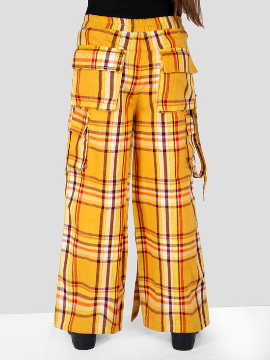 Girls Yellow Checkered Comfort Fit Cargo Pants